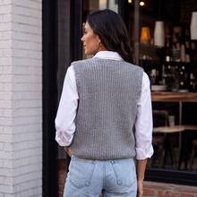Rompi Sweater Wanita Abu-abu Gaya Preppy Musim Gugur/Musim Dingin, Atasan Rajut Bergaris Kasual Leher V dengan Kancing Depan untuk Kampus, Pakaian Sehari-hari & Acara Akhir Pekan - Grey - View 6
