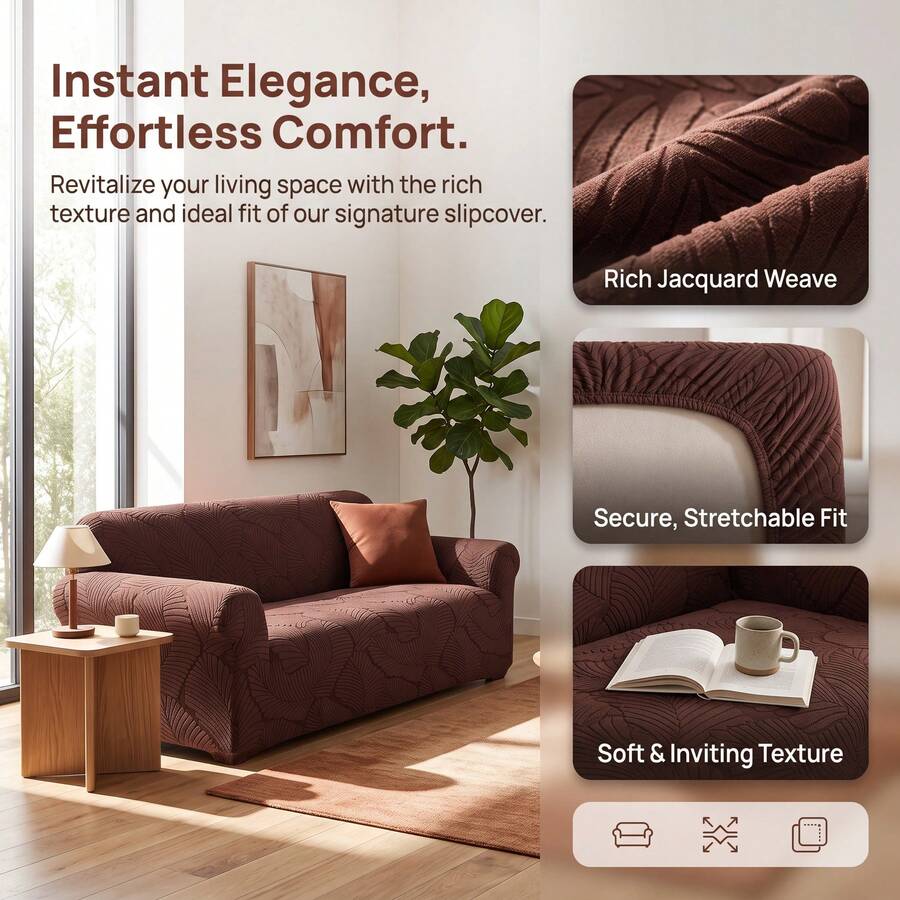 1pc Woven Skirt Style Sofa Cover, Fully Wrapped Dust-Proof Sofa Cover, High Elasticity, Strong Tensile Strength, No Deformation, Washable And Machine Washable Without Fading, Moisture Absorbing And Breathable, Suitable For All Seasons - Coffee - View 1