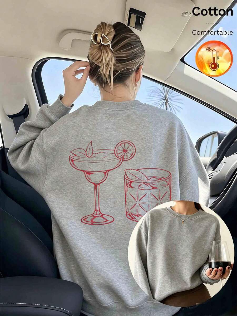 كنزة نسائية واسعة مخصصة للخريف والشتاء، رمادي منقوش ببطانة صوفية، تصميم كاجوال بنقشة كأس كوكتيل وليمون، مناسبة للعطلات - اللون الرمادي الزهري - مشاهدة 1