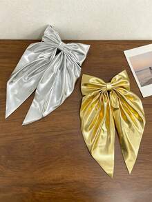 2pcs Vintage Gold & Silver Large Bow Hair Clips, Versatile Spring Hair Clips, Suitable For Children's School Outfits, Birthday Parties - Multicolor - View 3