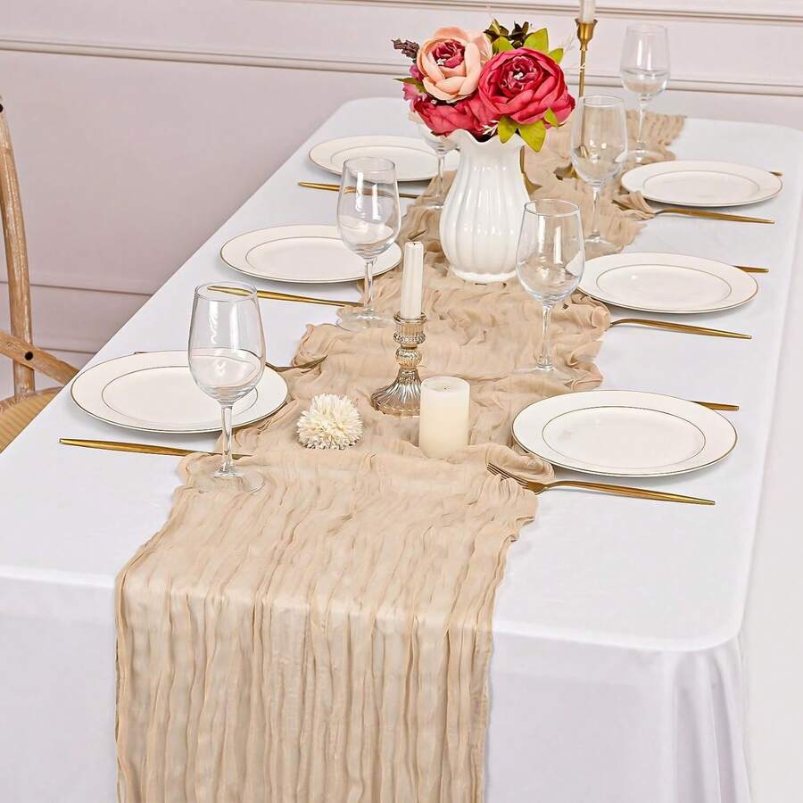 長方形桌巾 180*90CM、300*90CM、400*90CM，起司布桌巾，波希米亞風薄紗起司布桌巾，鄉村風透明桌巾，適合婚禮、節日聚會、畢業派對、生日或節日派對蛋糕桌裝飾，浪漫宴會桌裝飾皺褶桌巾，適合戶外與室內使用，多彩桌巾