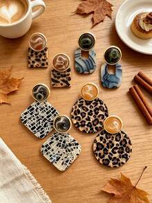 Betykuku 8pcs European & American Fashion Cat Eye Acrylic Square & Round Pendant Earrings - 4 Pairs Leopard Print - View 4