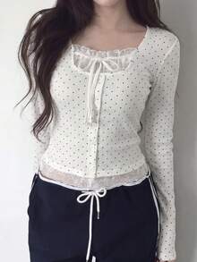 Lace Trim Polka Dot Long Sleeve 2 In 1 T-Shirt - White - View 5