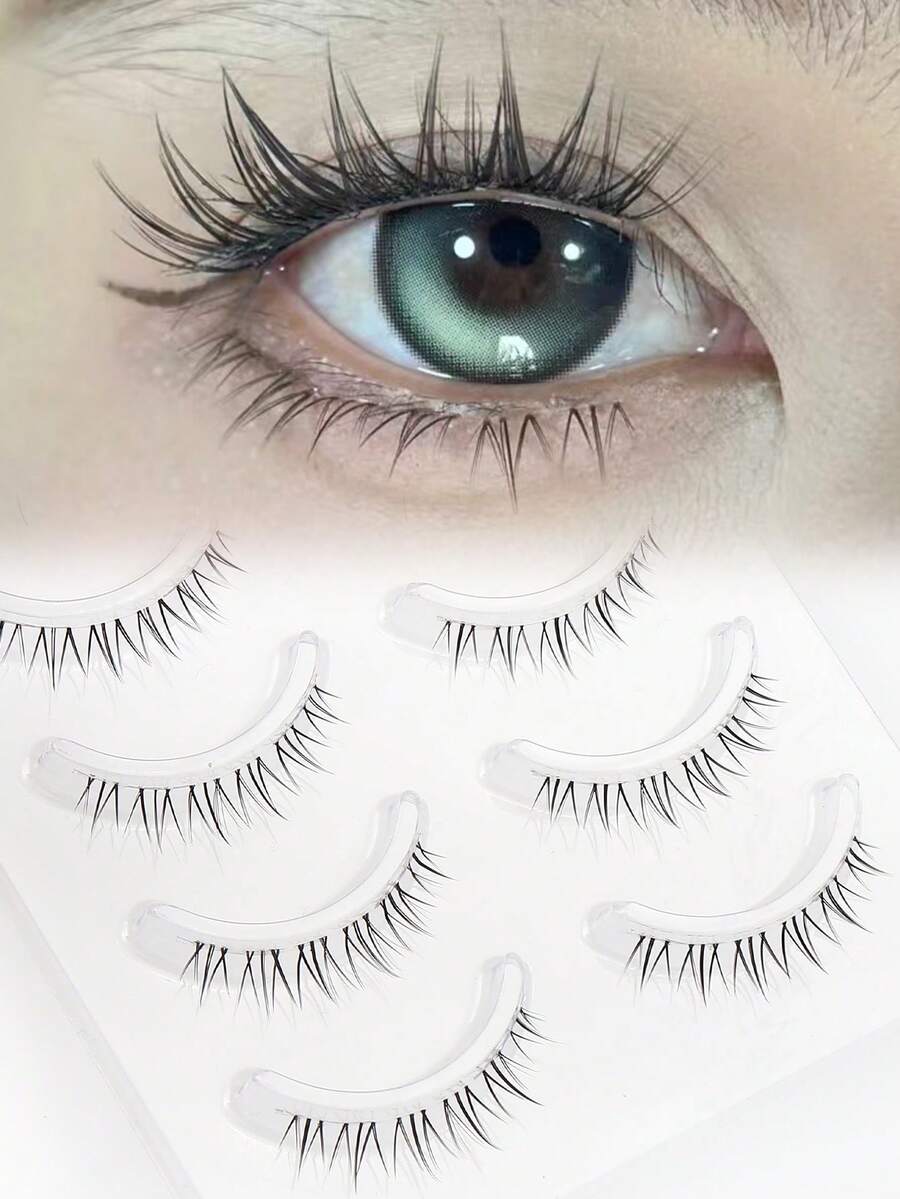 5 Pairs Flame-Shaped Lower Lashes, Soft Natural Looking Lower Eyelashes For Beginners Oxygen Girl Vibe, Cute Fresh Cartoon Series Segmented Bottom False Eyelashes - Black - View 1