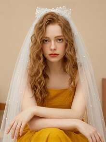 1 Pc Short Bridal Veil With Beaded Bow And Comb; Suitable For Civil Wedding Ceremonies And Bachelorette Parties. - White - View 3