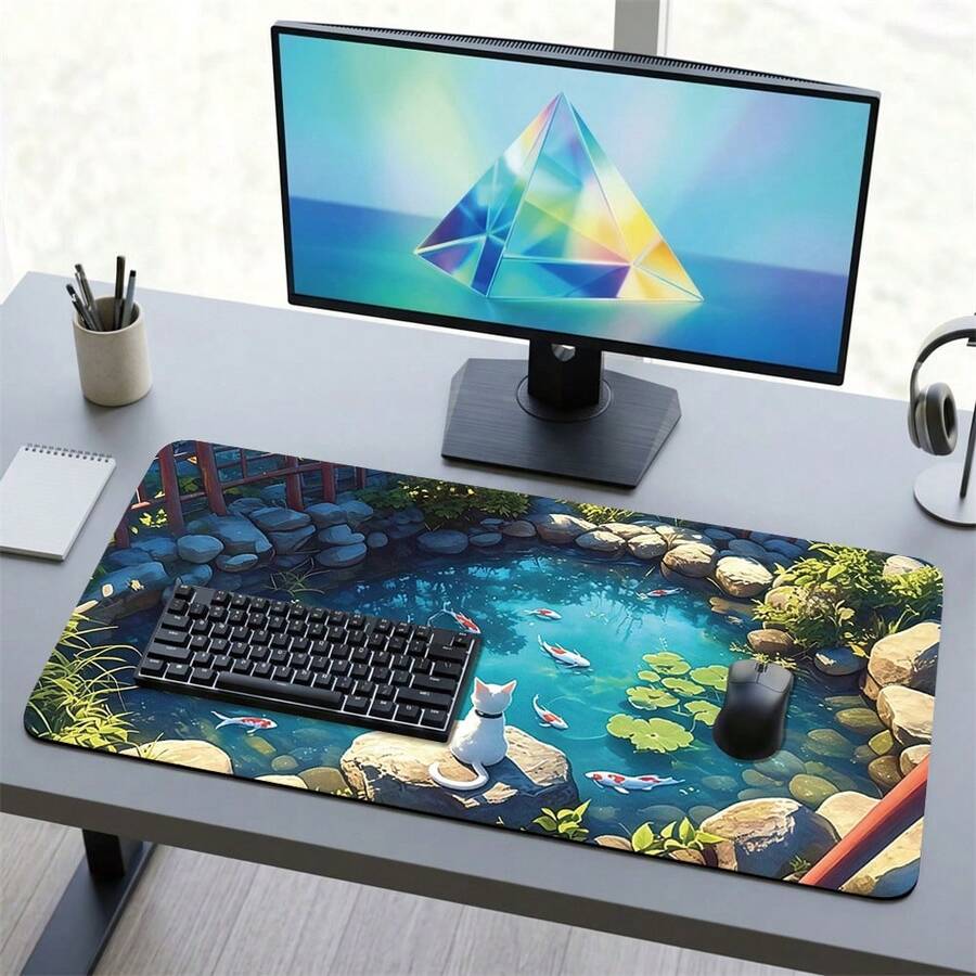 Cartoon Cat Sitting By Pond Watching Fish Gaming Mouse Pad, Non-Slip Rubber Desk Mat, Smooth Gliding Surface, Suitable For Computer Laptop Office Home, Cute Abstract Art Decor, Back To School Supplies - A - View 1