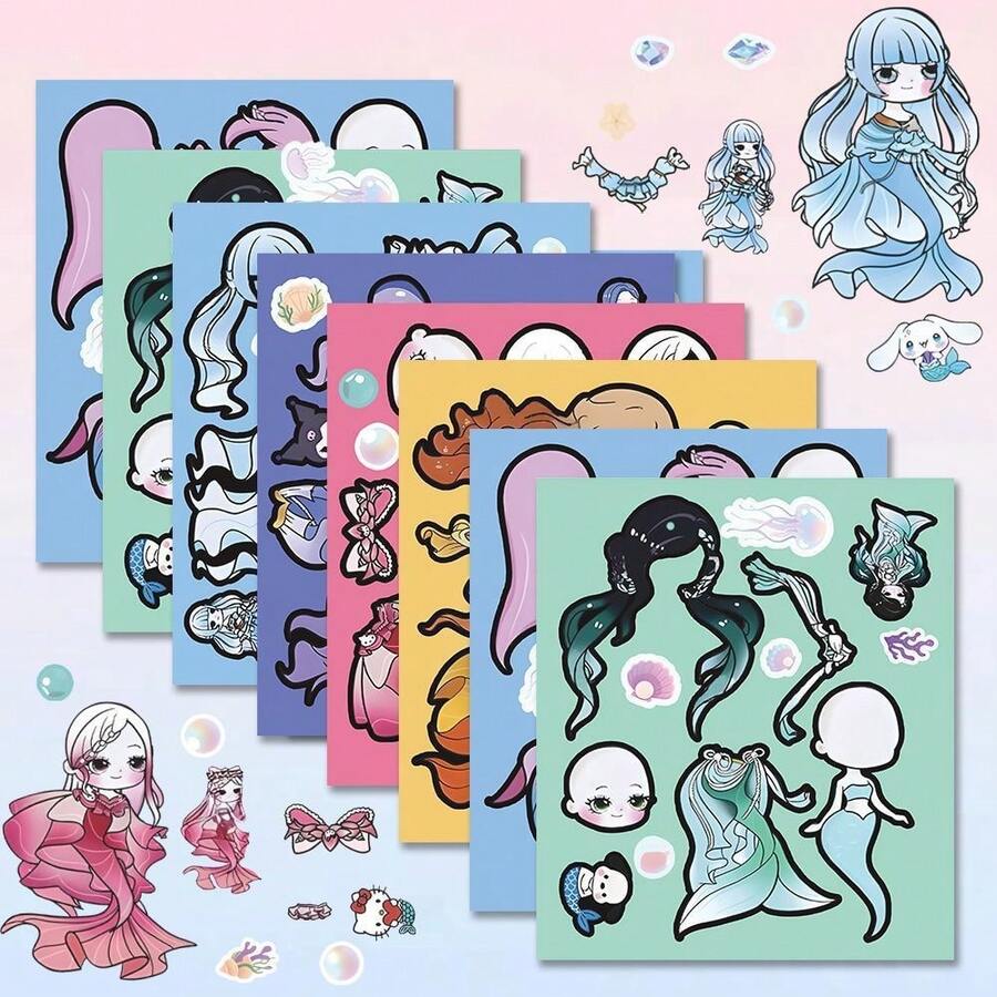 6pcs/Set Cute Mermaid Dress Up Stickers, Creative Handmade Decoration Game Self-Adhesive, DIY Decorative Stickers, Holiday Small Gift - Multicolor - View 1