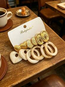 Betykuku 6/24pcs European & American Fashion Colorful Resin Metal Gold Stud Earrings Set - White - View 12