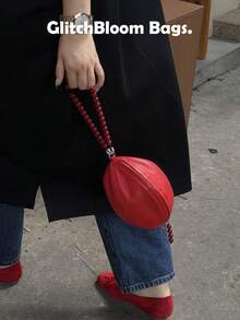 MINIRed Dumpling Mini Handbag With Beaded Handle, Fits 6.67" Phone, Cute PU Leather Party Purse For Women, Novelty Y2K Clutch Bag - Red - View 2