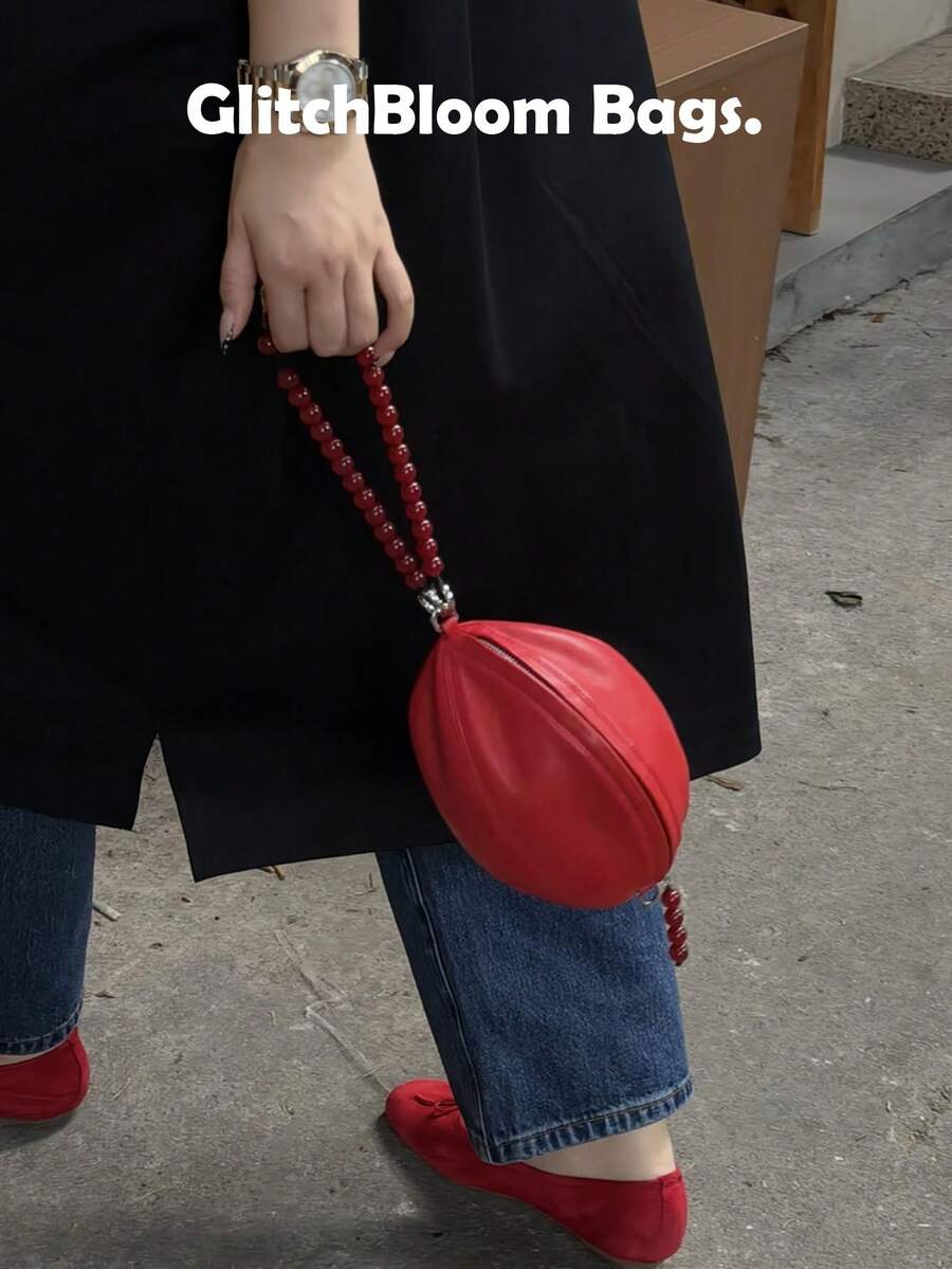 MINIRed Dumpling Mini Handbag With Beaded Handle, Fits 6.67" Phone, Cute PU Leather Party Purse For Women, Novelty Y2K Clutch Bag