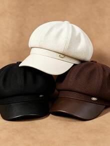 1pc Solid Color Elegant Metal Logo Decor PU Leather Brim Street Ins Retro Newsboy Cap, Women's Autumn/Winter Hot-Selling Fashion High-End Versatile Beret, Comfortable Casual Outdoor Sketching Gathering Shopping Photography Wear - Leather Brim Newsboy Cap - View 2