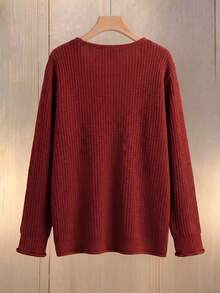 Elegant Women Solid Knit V-Neck Pullover Sweater, Comfort Pocket Top For Work Casual Fall Winter Wear - Red - View 3