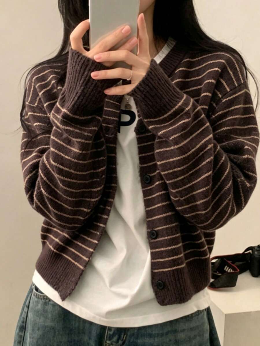 Korean Style Soft Striped Puppy Embroidery Long Sleeve Knit Cardigan Women Loose Top Random Fabric Cut - Coffee Brown - View 1