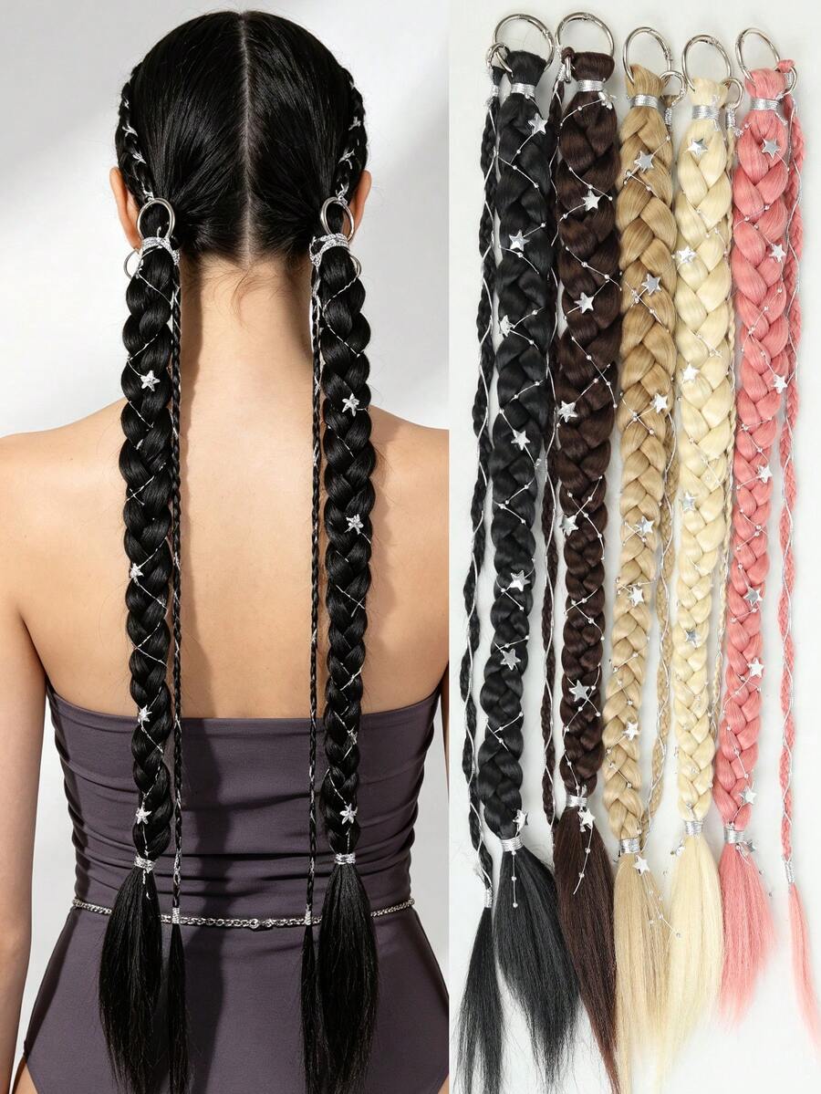 2 Packs 24 Inch Y2K Style Synthetic Long Braided Hair Extensions With Silver Star Decor, Soft Colorful Holiday Cosplay Party Hair Extensions For Women And Girls - Multicolor - View 1