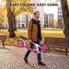 Adult Foldable Two-Wheeled Scooter, Height Adjustable Kick Scooter With Rear Brake & Suspension System, Thickened Black Frame High Load Bearing Portable Urban Commuter Scooter For Outdoor Travel - Pink - View 10