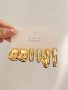 6/18pcs Gold Women Flower/Water Drop/C-Shape/Twist/Square Stud Earrings/Earrings Set, Fashionable Elegant Exquisite Jewelry, Perfect For Daily Wear Women Earring Set - Gold - View 4