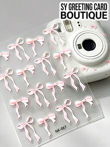 1pc Soft Pink Bow Decor Sticker, Transparent Base Self-Adhesive PET Patch, Minimalist Elegant Printed Bow Sticker, Suitable For Electronic Device Shells, Daily Item Surfaces, Adding Delicate Decorative Effect - Decorative Stickers - View 2
