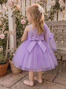 Baby Girls Bow & Floral Mesh Princess Dress, Suitable For Party Flower Girl, Fabric Floral Pattern Randomly Cut, Headband Not Included - Mauve Purple - View 3