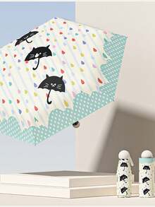 1pc Fully Automatic/Semi-Automatic Black Vinyl UV Protection Manual Portable Lightweight Cartoon Umbrella For Rain And Sun - As Shown - View 9