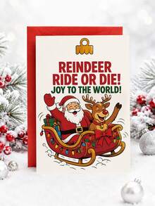 1pc "Reindeer Ride Or Die! Joy To The World!" Christmas Greeting Card Set, Santa & Reindeer Sleigh Illustration With Red Envelope For Best Friends, Family, Coworkers & Holiday Celebrations - Fun Reindeer - View 6