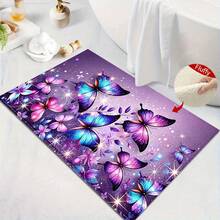1pc Blue & Purple Butterflies Print Design Microfiber Bath Rug,Non‑Slip Soft Bathroom Mat,Water‑Absorbent Doormat,Machine Washable,Low Pile,TPR Backing,Knit Fabric,ForBedroom,Kitchen,Entryway Indoor Use,Accessories & Home Decor,Perfect New House Gift - A - View 2