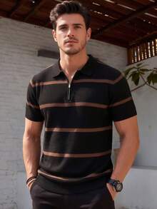 ALTZTAR Men's Striped Half-Zip Polo Shirt, Textured Knit Short Sleeve Top For Summer - Black - View 1