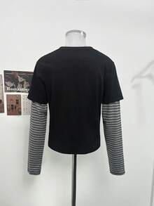 Vintage Striped 2 In 1 Long Sleeve T-Shirt Women's Autumn Inner Layer Base Top Design - Black - View 7