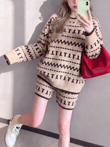 Women's New Vintage Style Beige Winter Sweater Set, Printed Pattern, 2 Pieces Set, Suitable For Autumn Wear - Brown - View 4