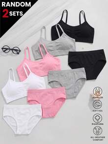 Teen Girls 2pcs Random Color Seamless Bra And Triangle Panty Set, With Removable Padding, Solid Color Underwear - Multicolor - View 1