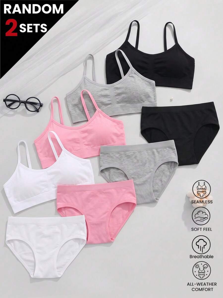 Teen Girls 2pcs Random Color Seamless Bra And Triangle Panty Set, With ...