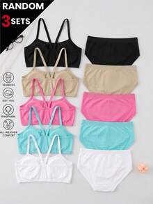 Girls 3Sets Random Color Strappy Seamless Underwear Set Removable Padded Basic Cami Bralette Fall Winter Daily Back To School - Multicolor - View 2
