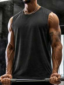 Men's Round Neck Sleeveless Tank Top, Loose Fit Sports Vest, Suitable For Gym Workout, Weightlifting, Running, Training, Fitness, Casual Daily Wear - Black - View 3