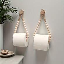 2pcs Wall Mounted Toilet Paper Holder, With Rope & Wooden Storage Rack, Rustic Wooden Style, Suitable For Bathroom, Washroom, No Drilling Required - Brown - View 7