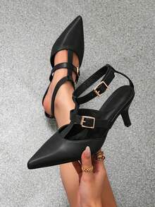 Fashionable European And American Style Design Strap Hollow Pointed Toe Open Toe Stiletto Heel Sandals T-Strap Pointed Toe High Heel Backless Closed Toe Women's High Heels Pumps Wedding Season Party Outdoor Versatile Shoes - Black - View 5