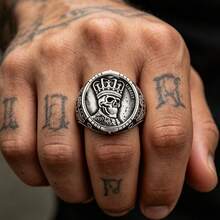 Heavy Craft Crown 1937 Skull Embossed Carved Ring, Vintage Distressed Silver Texture Gothic Style Men's Street Party Finger Ring Jewelry, Halloween Gift - Antique Silver - View 4