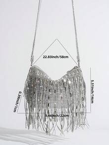 女款時尚晚宴斜挎包，閃亮流蘇流蘇飾邊水鑽裝飾手提包腋下包單肩包，優雅派對風百搭禮服搭配包 - 銀色 - 查看 11