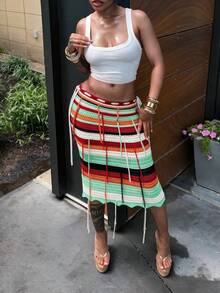 Women's Multi-Color Striped Crochet Knit Midi Dress, Drawstring Waist Design, High Elasticity Fabric, Comfortable For Summer Wear - Multicolor - View 8
