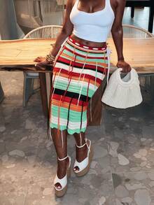 Women's Multi-Color Striped Crochet Knit Midi Dress, Drawstring Waist Design, High Elasticity Fabric, Comfortable For Summer Wear - Multicolor - View 2