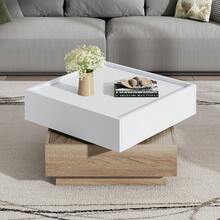 Funktionellt soffbord för vardagsrum, 360° roterbart, 2-plans bordsskiva med förvaringsskåp, sidobord med valnötsträram, vit, 60*60*38 cm - Naturlig valnöt + Vit + Spånskiva - Visa 1