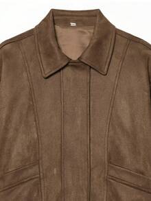 Women's Brown Faux Suede Loose Fit Aviator Jacket With Turn-Down Collar, Elastic Hem, Long Sleeves And Pockets - Brown - View 6
