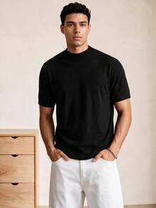 Voidago Men's Solid Color Casual Crew Neck Short Sleeve Knit Top, Old Money Style - Black - View 1