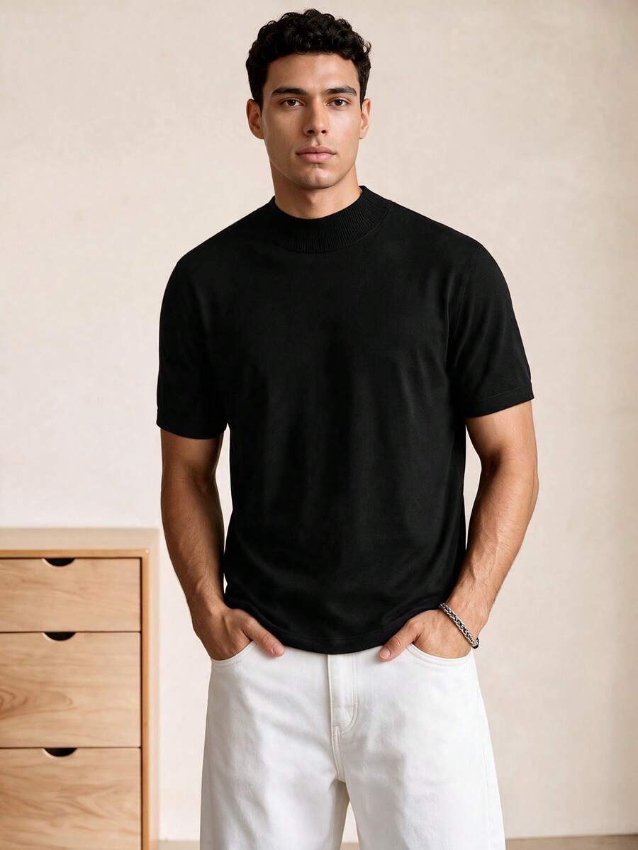 Voidago Men's Solid Color Casual Crew Neck Short Sleeve Knit Top, Old Money Style - Black - View 1