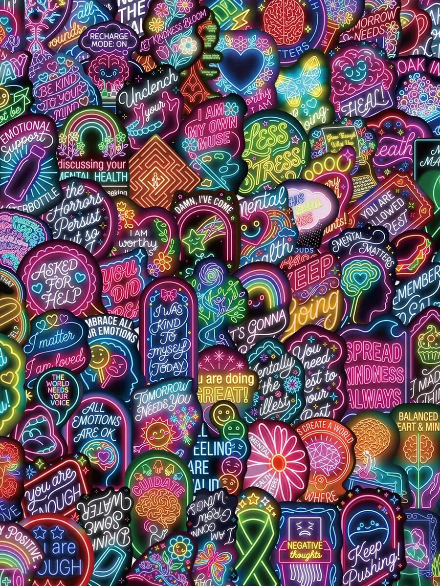 100 buah Stiker Kesehatan Mental Neon, Stiker Grafiti Neon Kecil dan Segar untuk Botol Minum, Laptop, Ponsel, Stiker Fluorescent Gelap - Light Grey - View 1