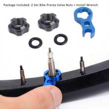 2 sets d'écrous de tige de valve de vélo en alliage d'aluminium, accessoires de valve de pneu sous vide, convient pour les vannes Presta de vélos de montagne ou de route, comprend une clé - Noir - Voir 8