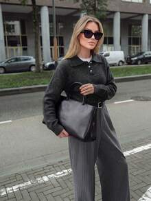 Women's Autumn/Winter New Polo Collar Solid Color Knit Sweater, Suitable For Office Commute, Business Professional, Casual Daily Wear - Grey - View 11