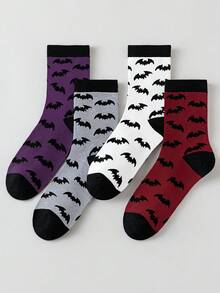 1/5 Pairs Black White Red Gray Halloween Men Women Couple Contrast Color Bat Pattern Mid-Calf Socks - Multicolor - View 4