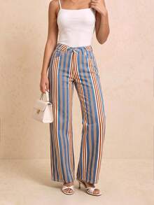 Multi-Color Vertical Striped Decor Denim Straight Leg Pants Women's High Street Style Casual Daily Long Bottoms - Multicolor - View 4