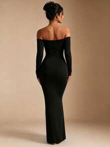 XLLAIS Gaun Panjang Kasual Wanita Warna Polos Tanpa Bahu, Modis dan Elegan, Elastis, Pas Badan, Gaun Bergaris Halus - Hitam - View 4