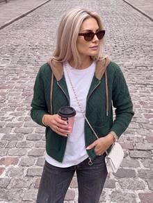Women's Colorblock Hooded Zip-Up Knit Cardigan, New Autumn/Winter Style, Dark Green Argyle Jacquard Fabric With Brown Hood Trim And Drawstring, Round Ring Zipper + Dual Side Pockets Design, Ribbed Hem, Loose Casual Fit For Daily Wear, Outings And Commuting - Dark Green - View 2
