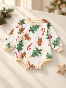 Infant Holiday Atmosphere Bodysuit, Cute Christmas Pattern Round Neck Long Sleeve Snap Closure Romper - Apricot - View 3